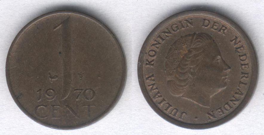 Монета Нидерланды 1 цент 1970 г. VF (1)