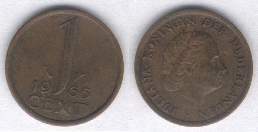 Монета Нидерланды 1 цент 1965 г. VF
