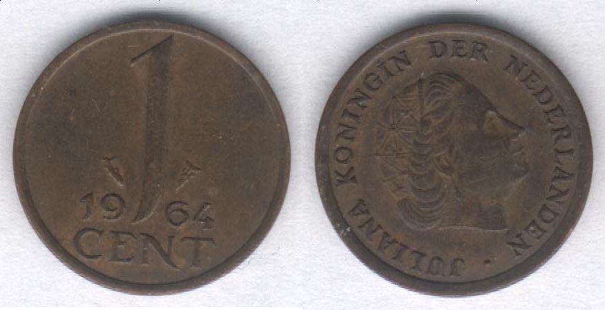 Монета Нидерланды 1 цент 1964 г. VF