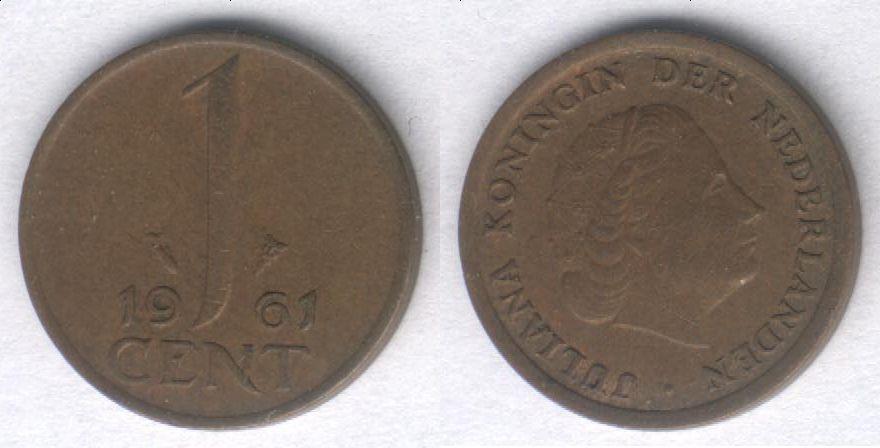 Монета Нидерланды 1 цент 1961 г. VF
