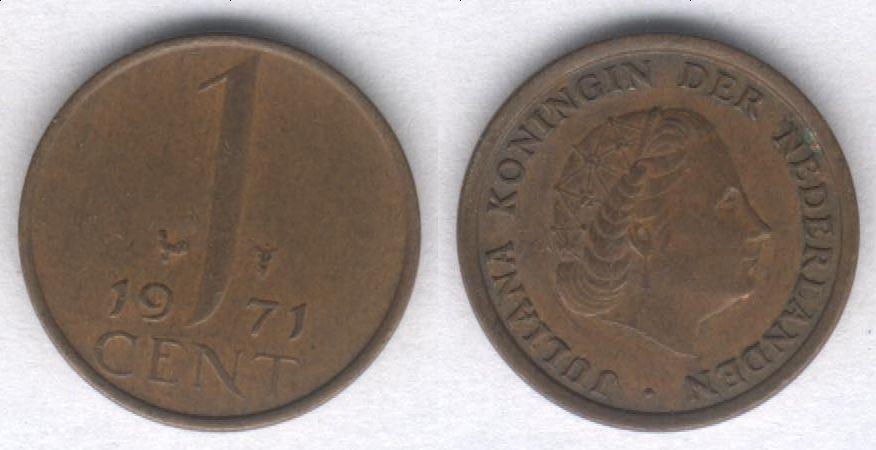 Монета Нидерланды 1 цент 1971 г. VF