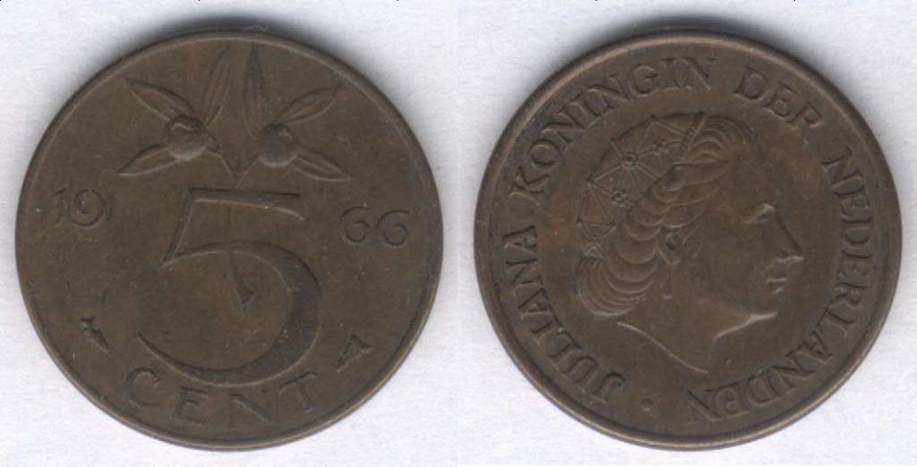 Монета Нидерланды 5 центов 1966 г. VF
