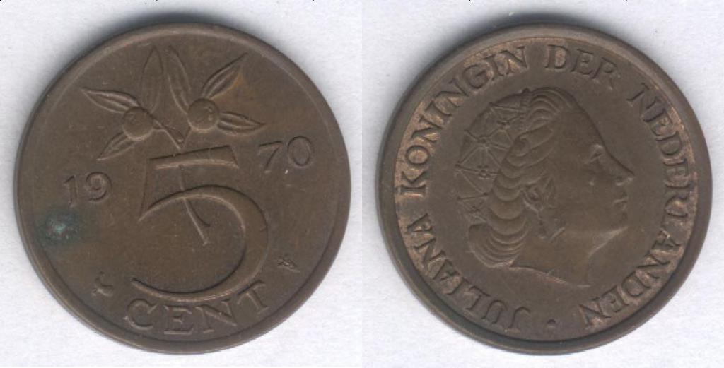 Монета Нидерланды 5 центов 1970 г. VF