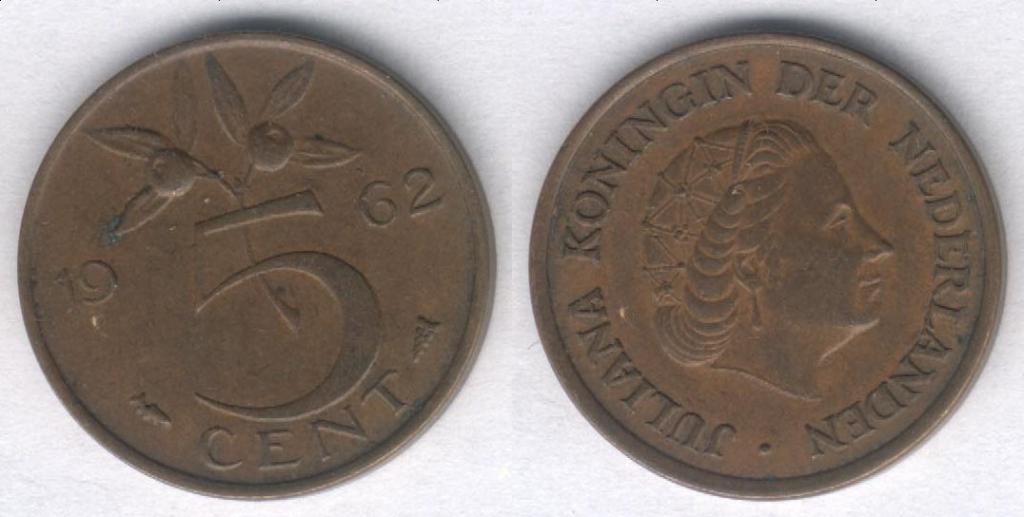 Монета Нидерланды 5 центов 1962 г. VF