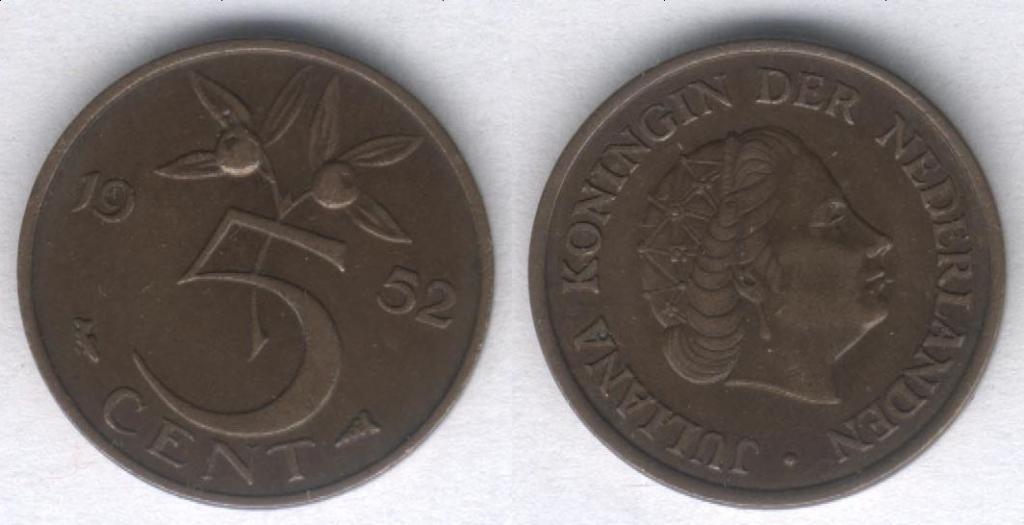 Монета Нидерланды 5 центов 1952 г. VF