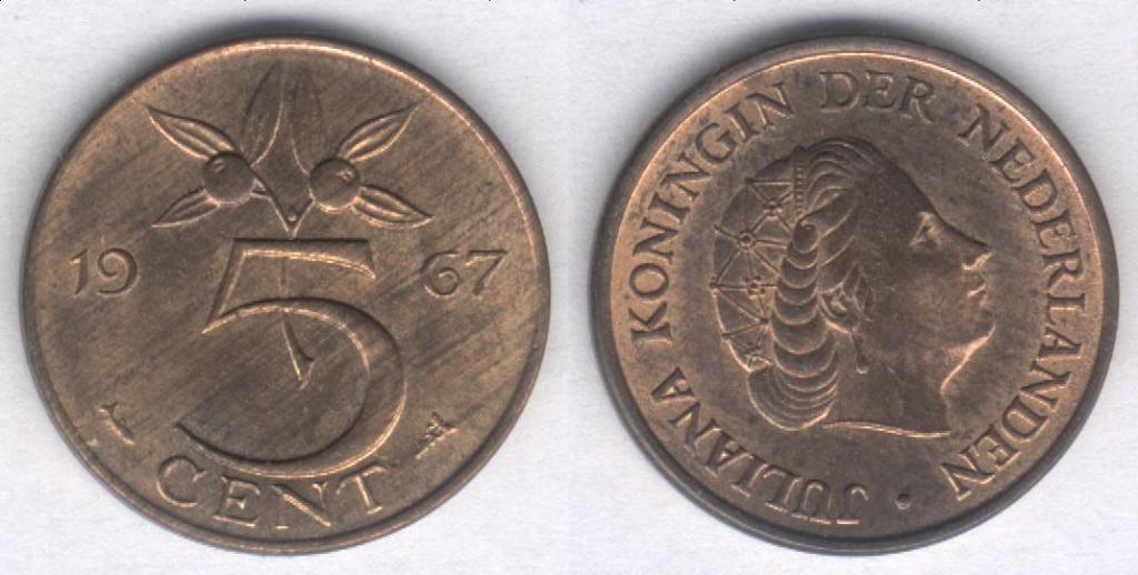 Монета Нидерланды 5 центов 1967 г. XF (2)