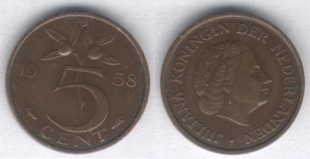Монета Нидерланды 5 центов 1958 г. VF