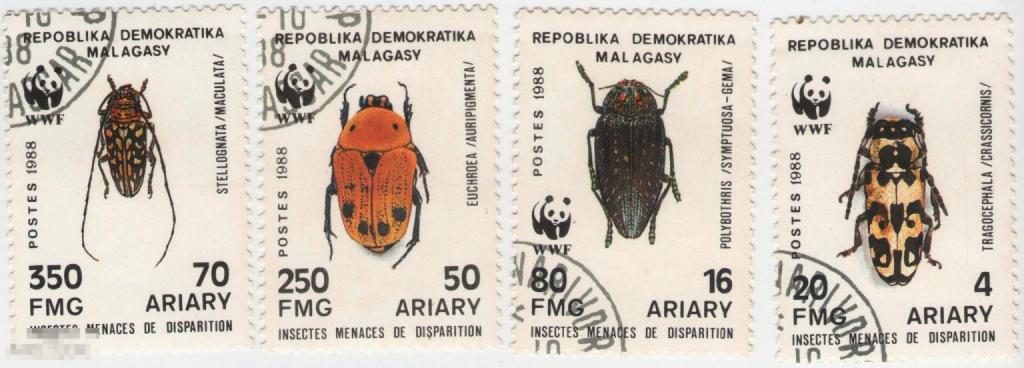 Мадагаскар 1982 Фауна Исчезающие насекомые Жуки Эмблема  WWF -  Полная серия из 4 марок