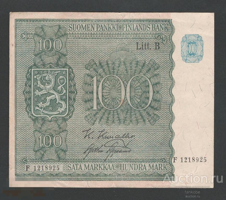Финляндия 100 марок 1945 года. Litt. B. Тип Р-88. Состояние XF+