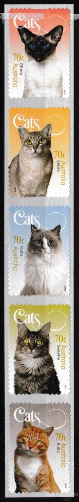 Австралия 2015 Кошки Кошачьи Фауна 5 марок-самоклеек MNH