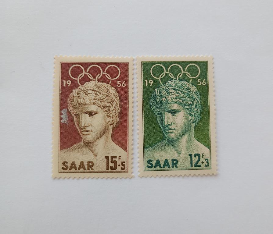 МАРКИ СААР - 2 штуки. ОЛИМПИЙСКИЕ ИГРЫ 1956 года. РЕДКИЕ! ХОРОШЕЕ СОСТОЯНИЕ! ПОДЛИННИКИ!