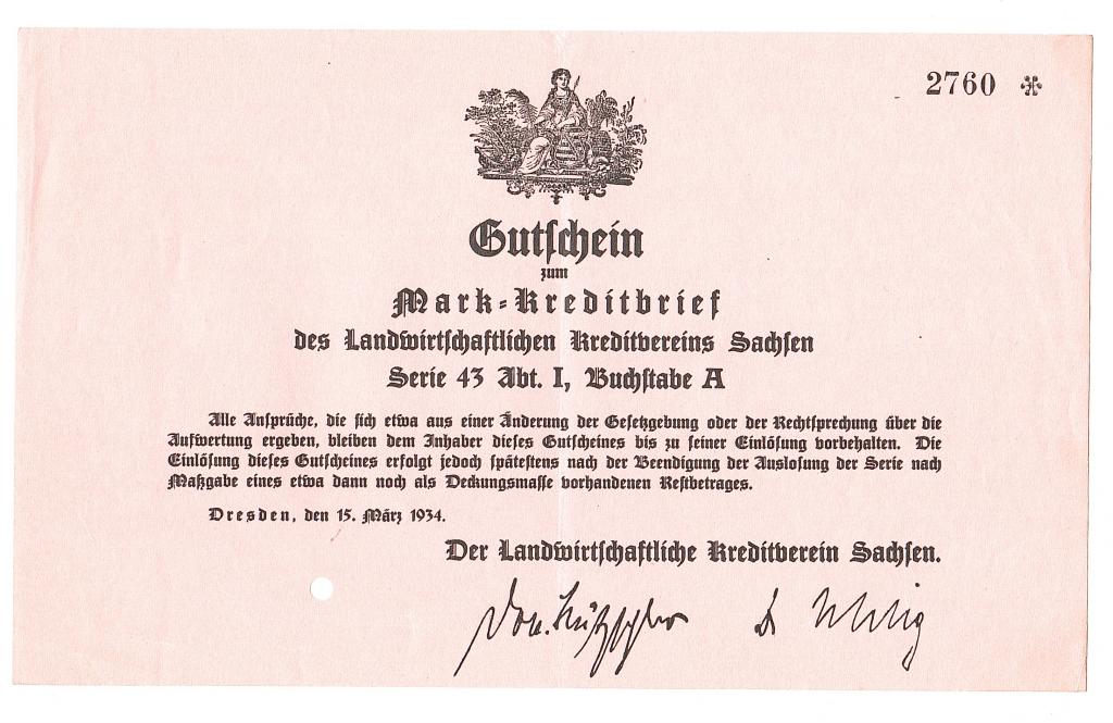 Гроссгельд нотгельд Дрезден 1934 оч большой размер 238х146 мм Сельскохозяйственный кред союз RR