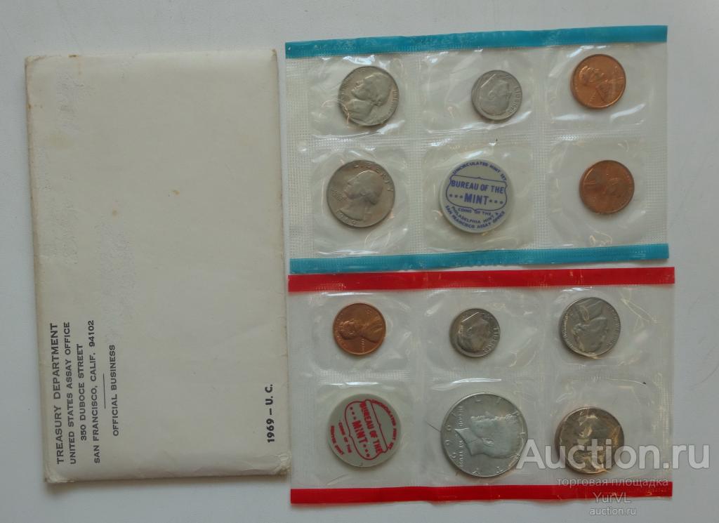США годовой набор монет 1969 года. 2 монетных двора P и D. Аутентичный конверт.