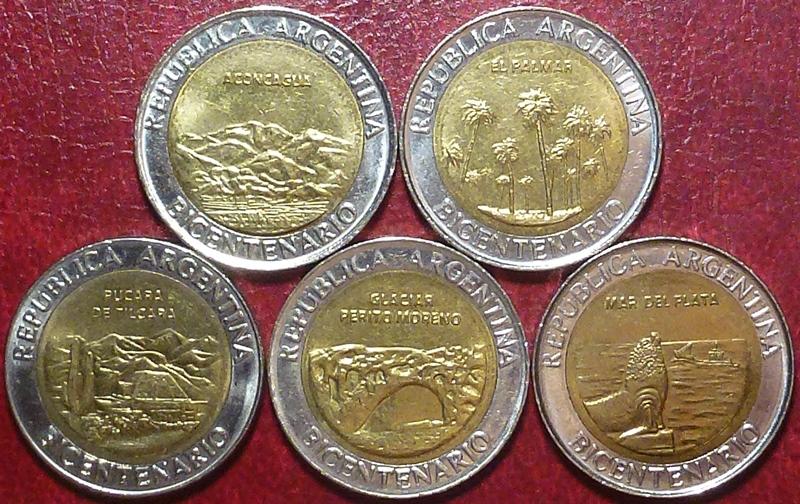 Аргентина 1 песо 2010 года. НАБОР 5 шт. 200 лет НЕЗАВИСИМОСТИ. БИМЕТАЛЛ