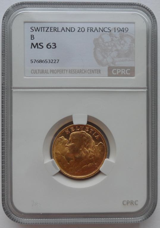 20 франков 1949 года (В) Швейцария в слабе CPRC MS63 Золото 900