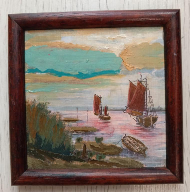Картина. Лодки, парусник, берег. Масло.
