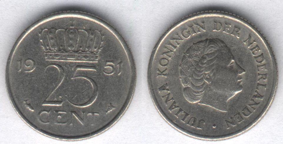 Монета Нидерланды 25 центов 1951 г. VF