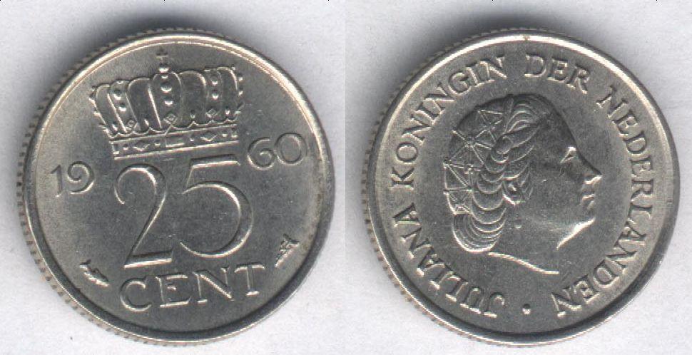 Монета Нидерланды 25 центов 1960 г. XF