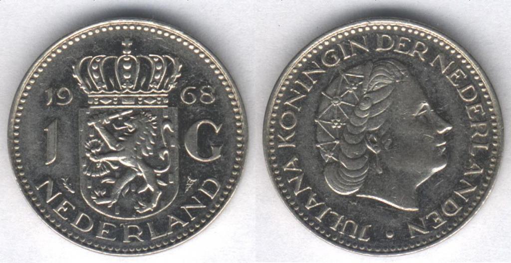 Монета Нидерланды 1 гульден 1968 г. VF+