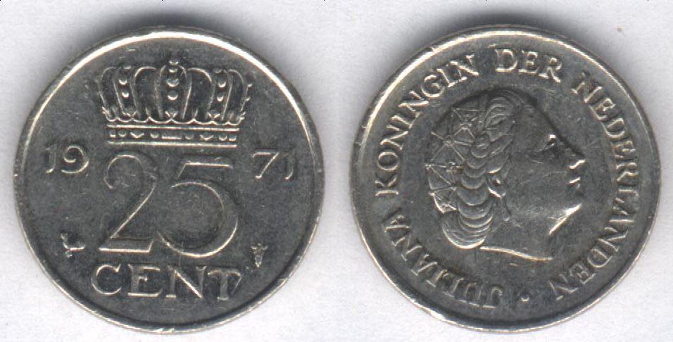 Монета Нидерланды 25 центов 1971 г. VF