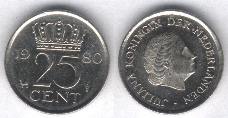 Монета Нидерланды 25 центов 1980 г. VF+