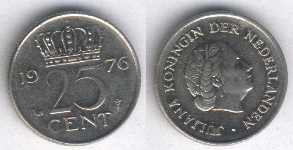 Монета Нидерланды 25 центов 1976 г. VF+