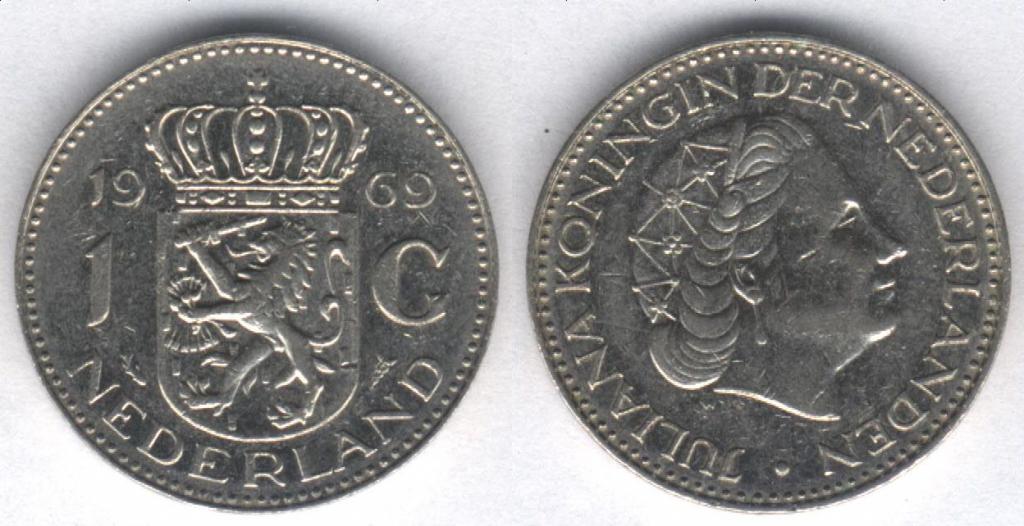Монета Нидерланды 1 гульден 1969 г. VF
