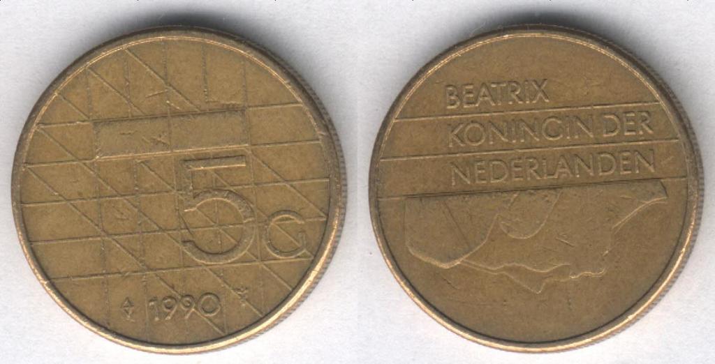 Монета Нидерланды 5 гульденов 1990 г. VF