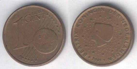 Монета Нидерланды 1 евроцент 2001 г. VF+