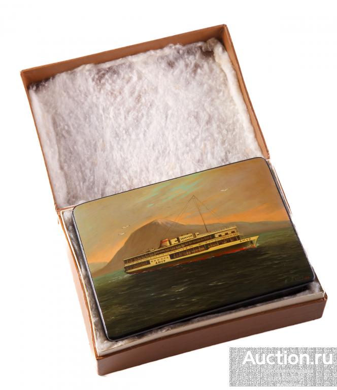 ШКАТУЛКА "Теплоход Амур". ФЕДОСКИНО дерево, роспись СССР, антиквариат.1960 - ее.