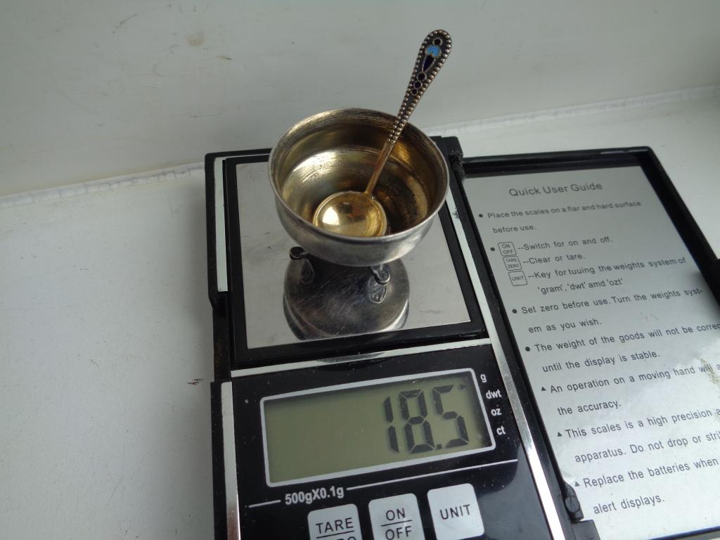 Солонка с ложкой,серебро 875,эмаль СССР,вес 18,5 гр.