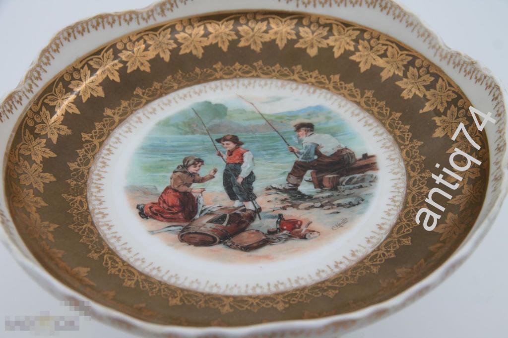 Красивая ваза, конфетница. Дания? Подписная живопись. Рыбаки.  (рв17145)