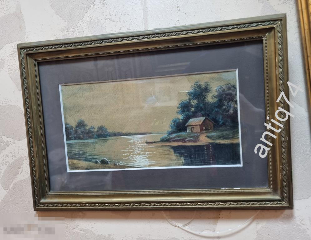 Красивая акварель. Пейзаж с лодкой.   (В21429)