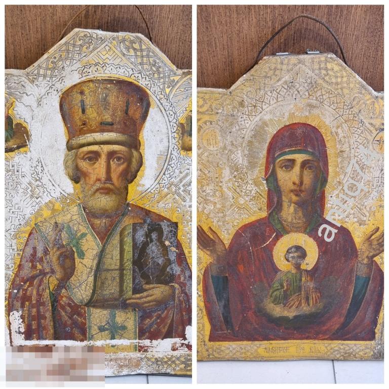 Икона двусторонняя. Николай Чудотворец, Богоматерь Знамение.