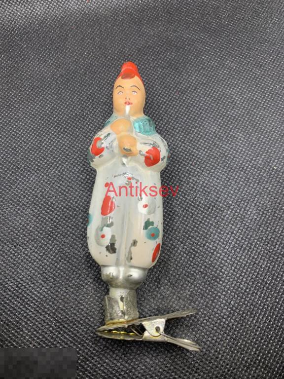 Ёлочная игрушка СССР прищепка клоун играет на дудочке