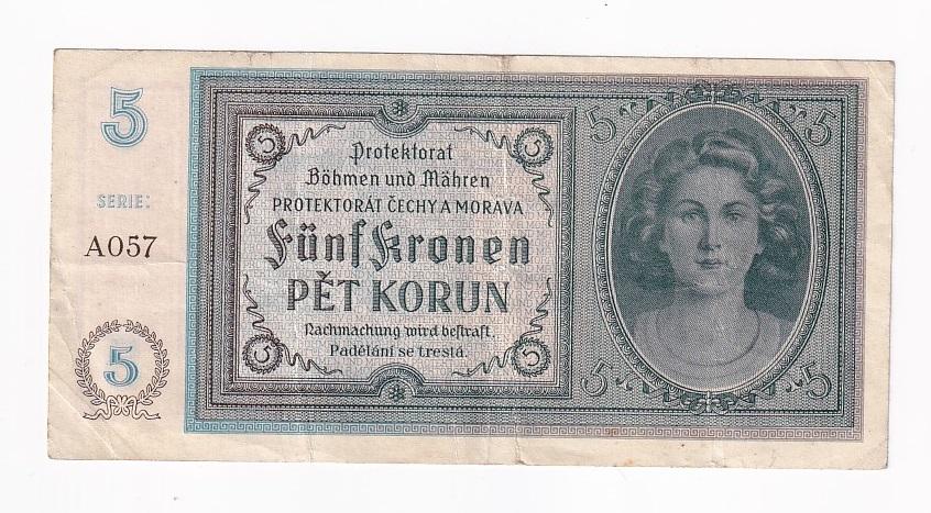 Богемия и Моравия Банкнота 5 крон 1940 год Серия А057 VF (42379)