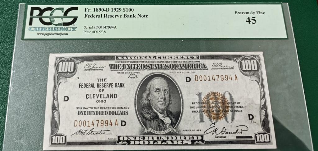банкнота 100 долларов США 1929  года Cleveland   PCGS 45