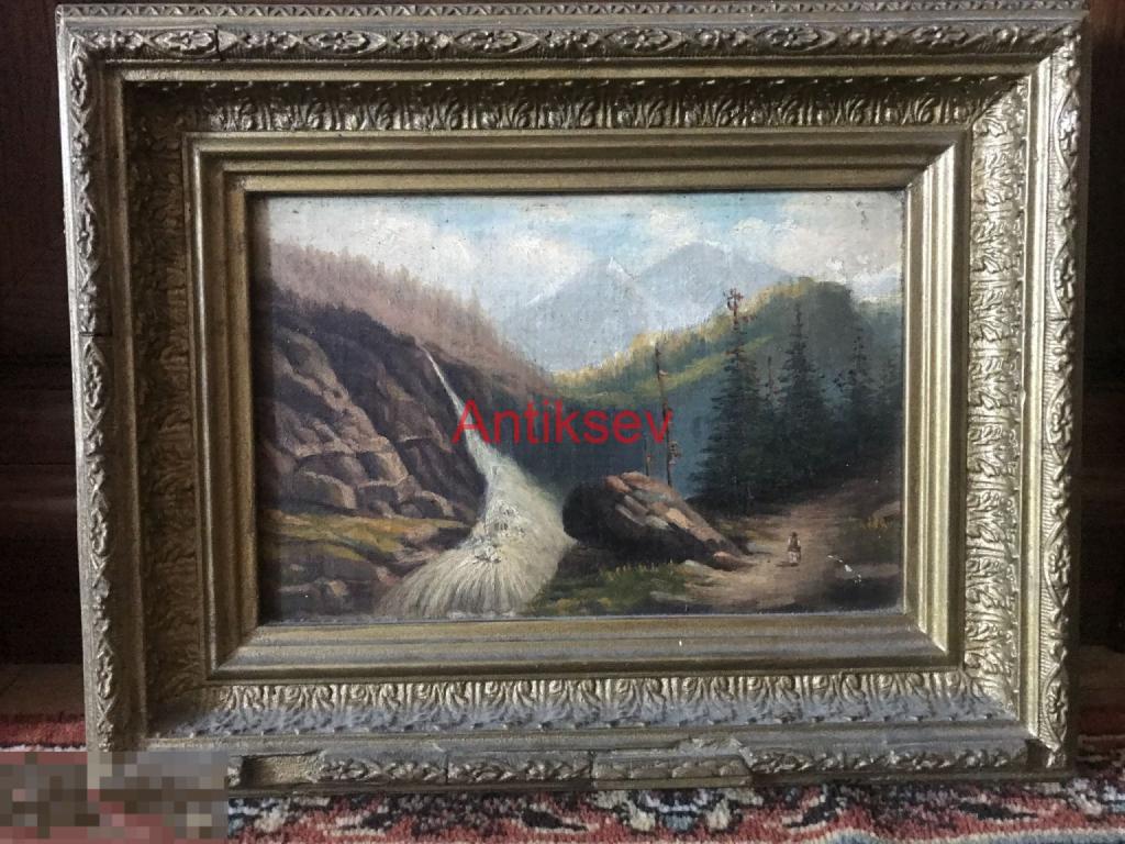 Картина фанера масло альпийский пейзаж Европа до 1940 17*24
