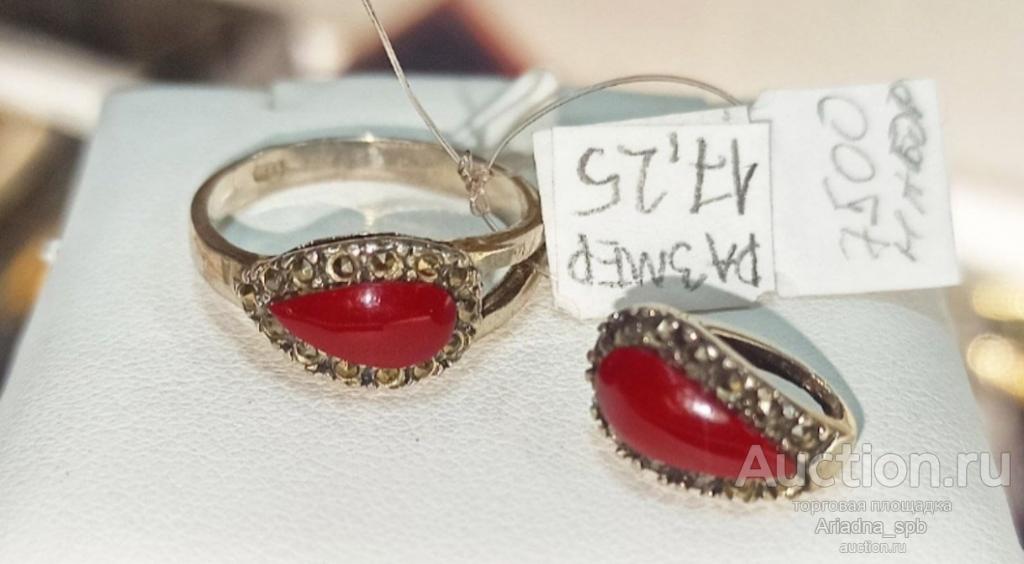 Набор: кольцо и подвеска. Серебро 925 п., красный коралл, раухтопаз