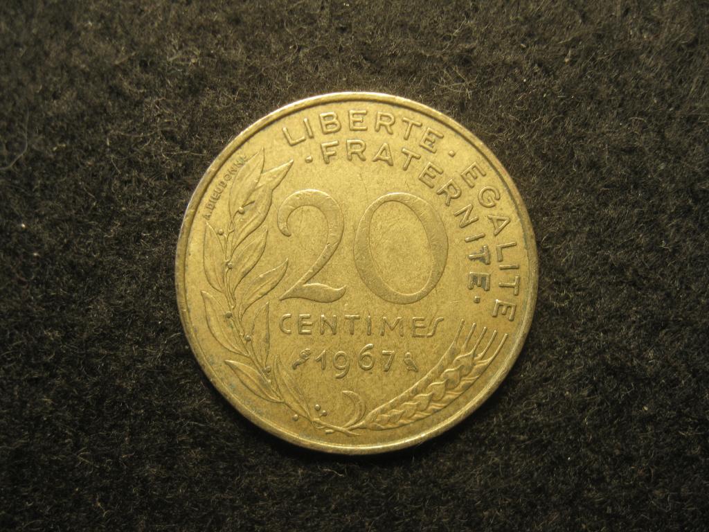 Франция 20 сантимов, 1967 XF, Марианна, персоналии, флора (№ 228, 6.25)