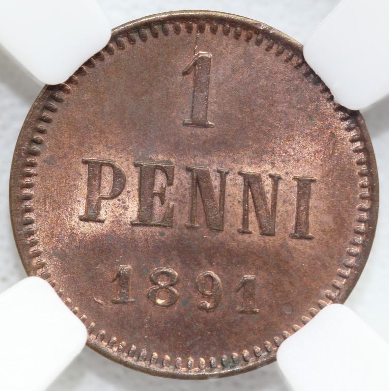 1 пенни 1891 Русская Финляндия слаб ННР MS 64 RB