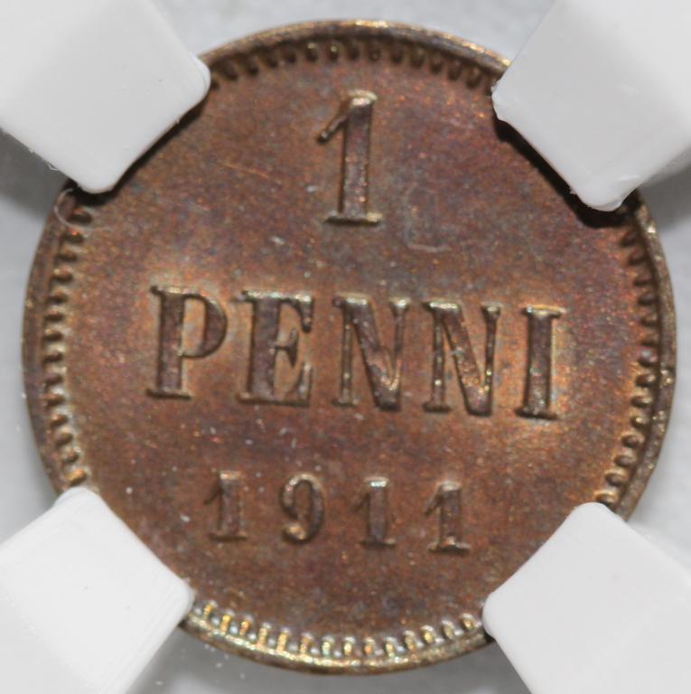 1 пенни 1911 Русская Финляндия слаб ННР MS 64 BN