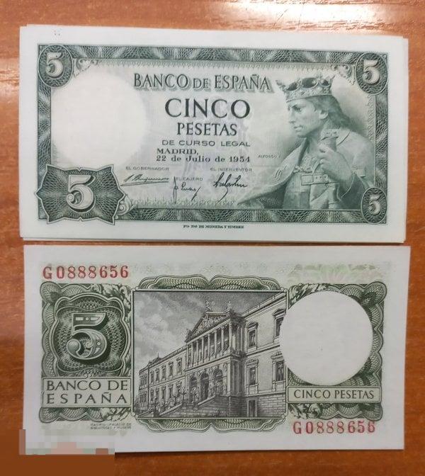 5.279 Испания 5 песет 1954 года UNC