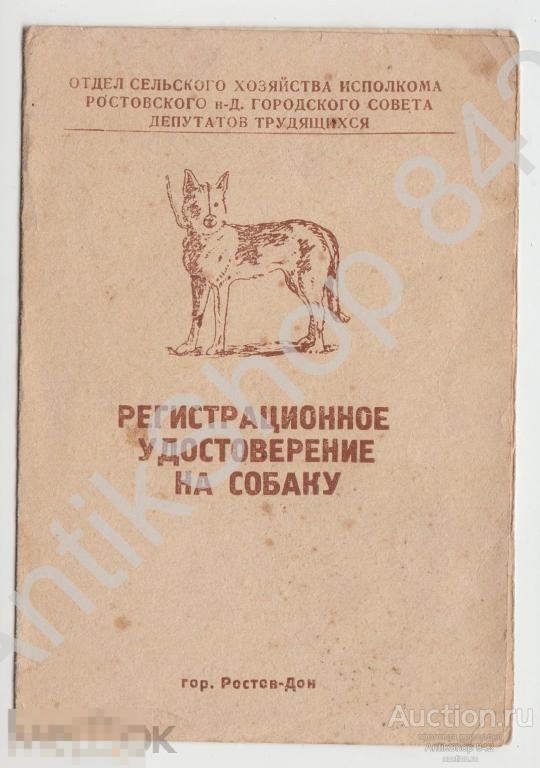 Регистрационное удостоверение на собаку.1963г. Ростов-Дон.