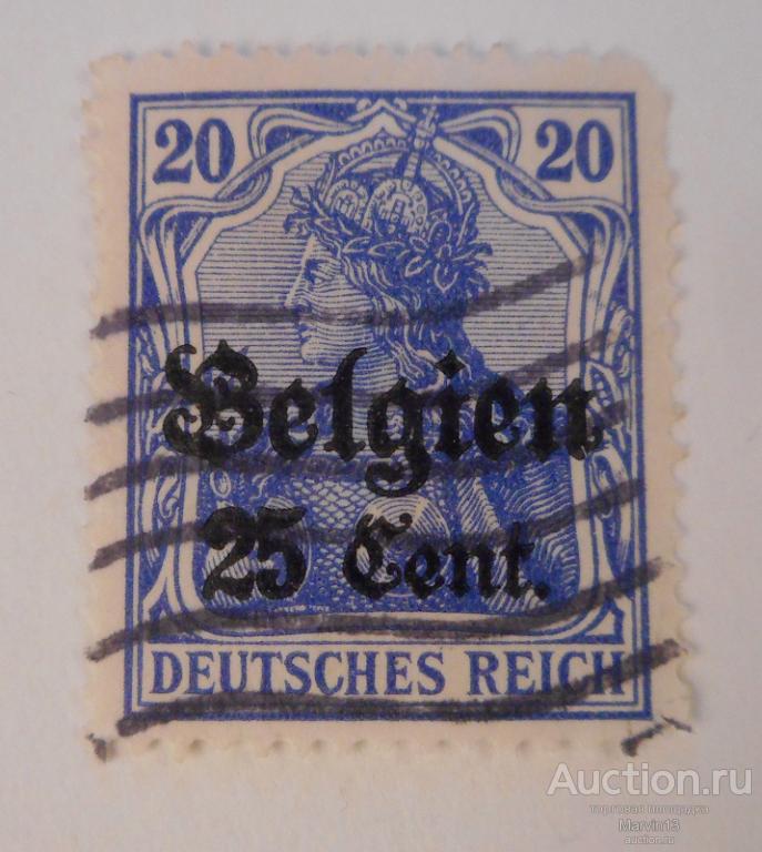 1914-1916 год Германия Германская Империя Гашеная Марка 25 C Немецкая Оккупация Бельгии