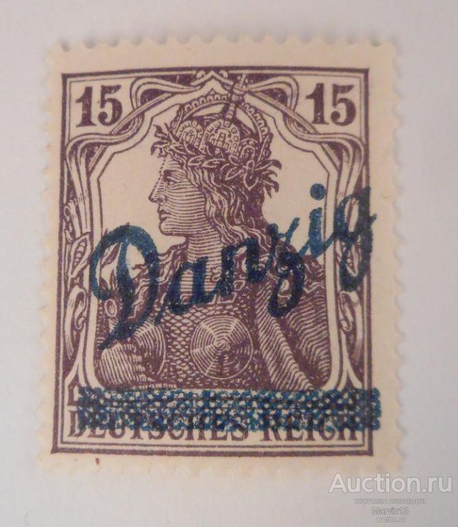 1920 год Германия Немецкий Рейх  Марка 15 PF Надпечатка Данциг