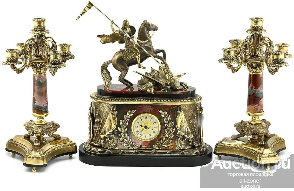 Часы  с канделябрами из яшмы ГЕОРГИЙ ПОБЕДОНОСЕЦ AZRK-3301-207/ct