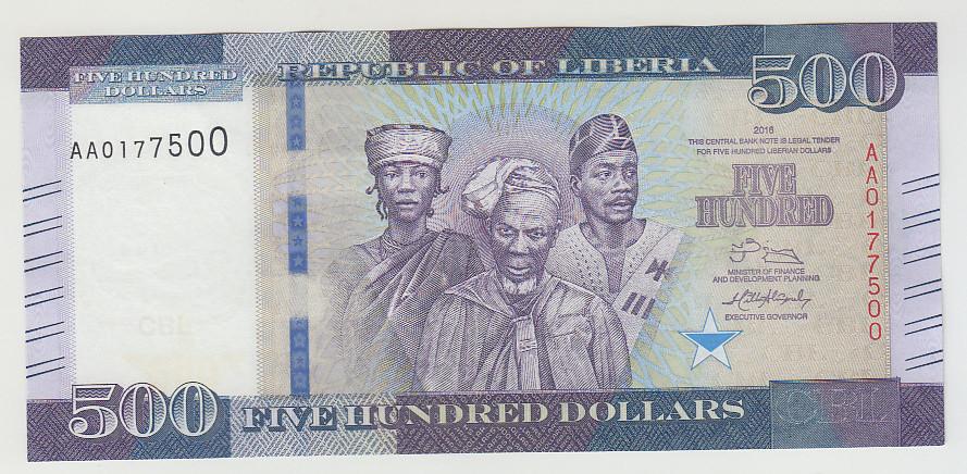 Либерия 500 долларов 2016 UNC