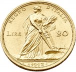 Италия. 20 Лир 1912 г. Золото. 6.4516 г*0.900  0.1867 oz.