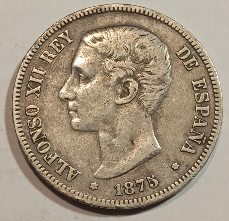 5 песет 1875 год испания  серебро